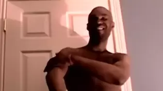 Handsome black jock strips naked and jerks off solo and cums
