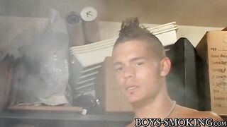 Smoking twink pulling his cock and making it rain