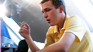 Young smoker Adam fills hand with cum after masturbating