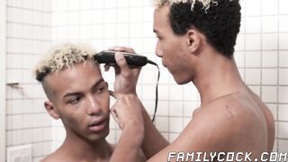 Black twink gets a haircut before jerk off session