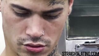Tattooed Latino guy barebacked hard in a threesome