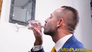 Businessmen enjoy champagne before sloppy blowjobs and anal