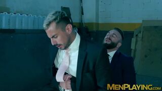 Blindfolded businessman Dani Rivera sucked dildo and fucked