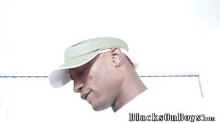 Blonde guy having bareback interracial gay sex