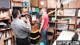 Bearded security officer pounding young thiefs tight ass