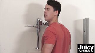 Hardcore action happening for Tobias in the public toilet