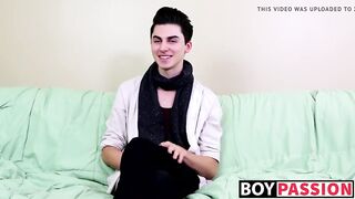 Interview leads to twink masturbating and using a big dildo