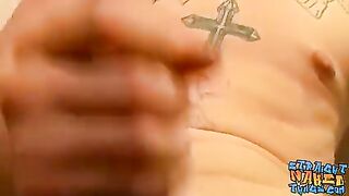 Tattooed jocks masturbate together until a happy ending