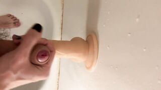 Very hairy skinny uncut white guy with painted black nails jerks off and cums on realistic dildo
